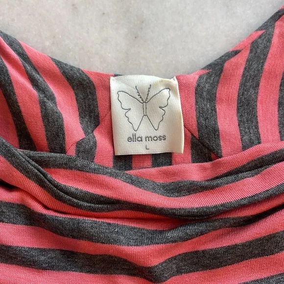 ELLA MOSS COWL NECK CAP SLEEVE CORAL AND GRAY STRIPE DRESS. L - Picture 5 of 7